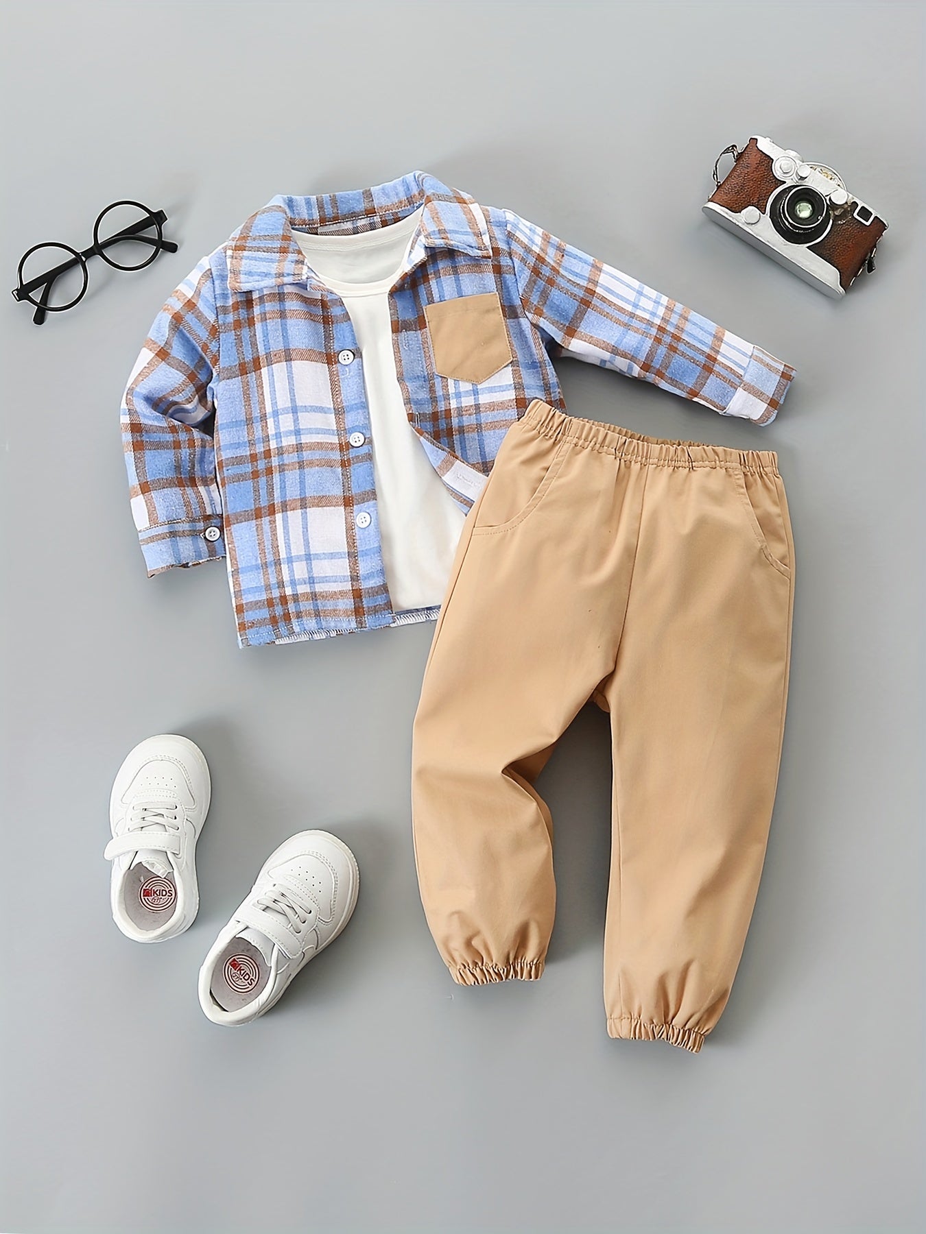 Handsome Baby Boys Plaid Shirt Pants Set Long Sleeve Top Trousers 2pcs