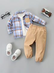 Handsome Baby Boys Plaid Shirt Pants Set Long Sleeve Top Trousers 2pcs