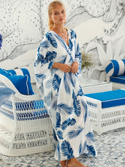 Leaf Print Cover Up Dress V Neck Bat Sleeve Vacation Wear