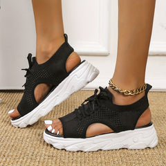 Women's Knit Sport Sandals Peep Toe Lace Up Platform Casual Slingback Outdoor