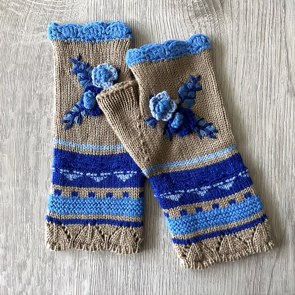 Womens Winter Fingerless Gloves Crochet Arm Warmer Flower Warm Gloves