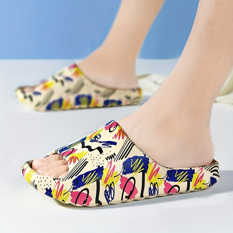 Men's Graffiti Print Non Slip Platform Slides