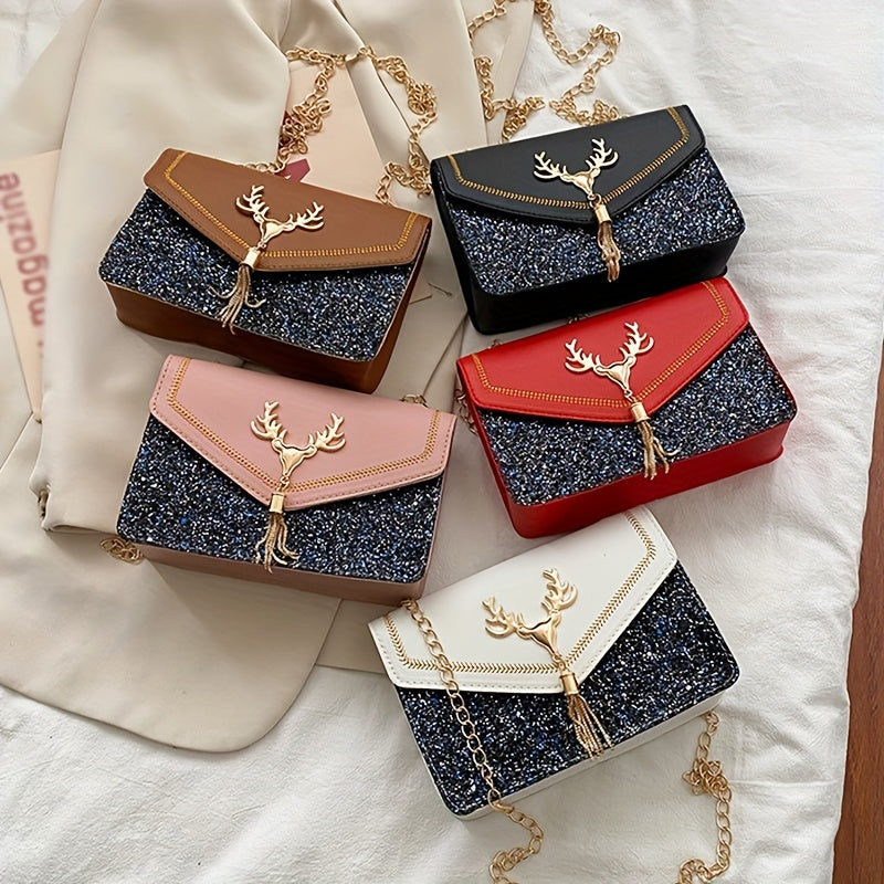 Colorblock Sequin Flap Bag with Charm and Tassel Detail