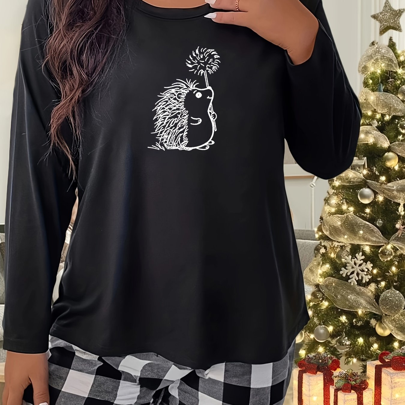 Women's Plus Hedgehog & Dandelion Graphic Long Sleeve Sleepwear Top