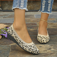 Leopard Print Wedge Heeled Knit Shoes - Casual & Lightweight