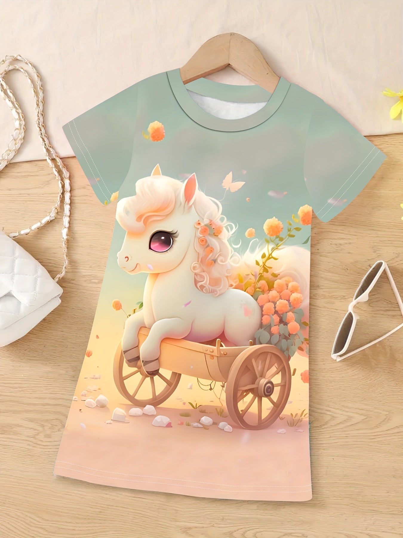 Girls 3D Pony Graphic Crew Neck Dress for Spring Fall