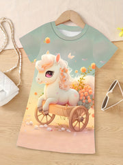 Girls 3D Pony Graphic Crew Neck Dress for Spring Fall