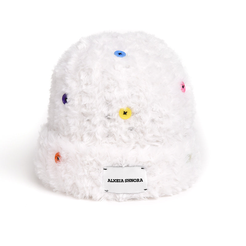 Winter Women's Warm Velvet Hat With Colorful Buttons Solid Thick Bucket Hat