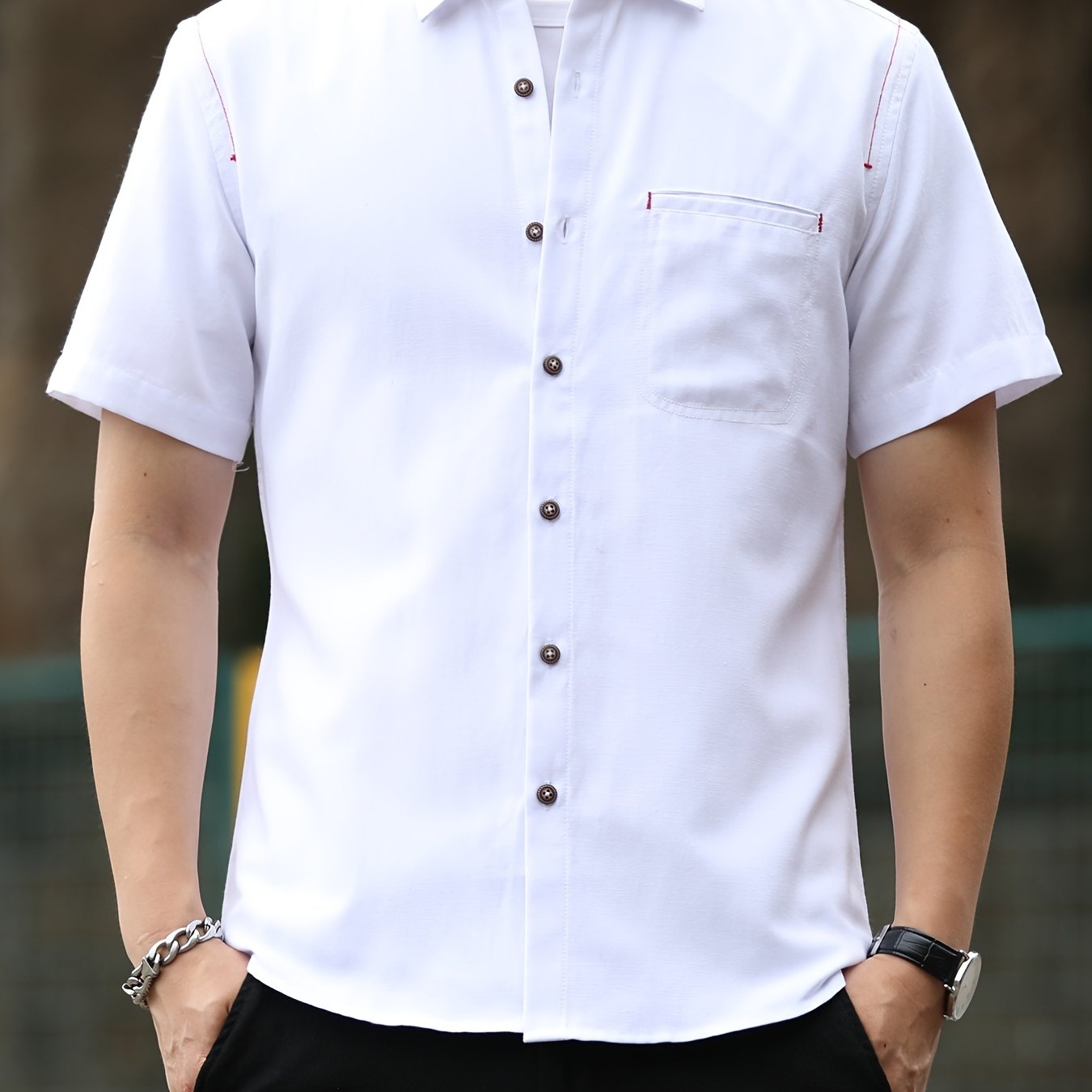 Men s Casual Cotton Shirt Vintage Style Short Sleeve Shirt With Chest Pocket