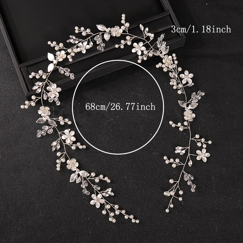 Long Flower Bridal Headbands Golden Silver Faux Pearl Crystal Hair Vines