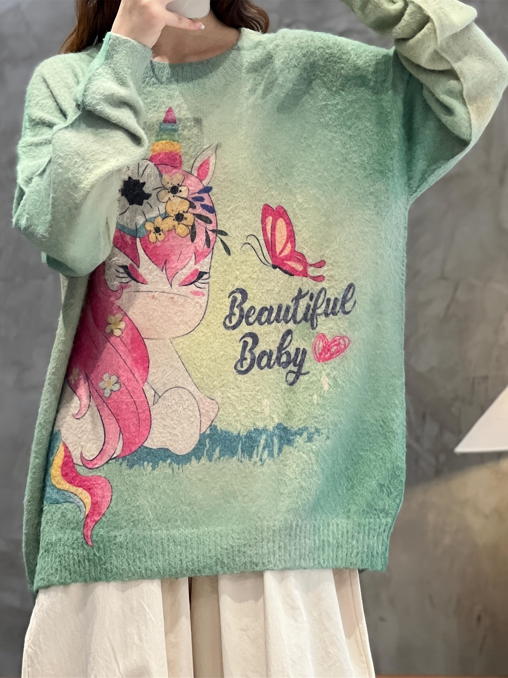 Floral Unicorn & Butterfly Print Long Sleeve Pullover Jumper