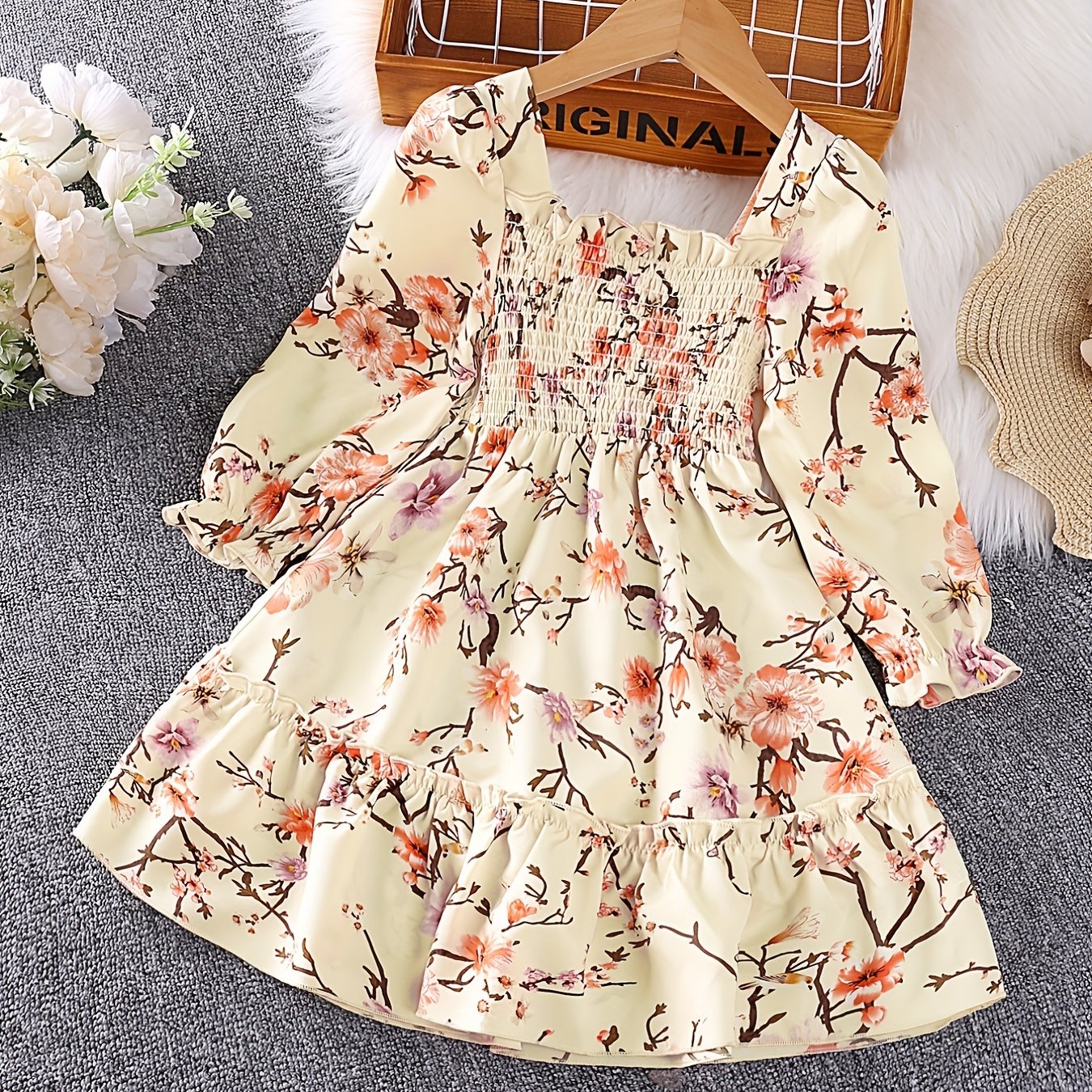Girls' Smocked Long Sleeve Dress w/ Flower Print