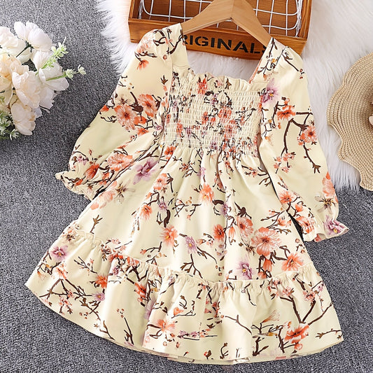 Girls' Smocked Long Sleeve Dress w/ Flower Print