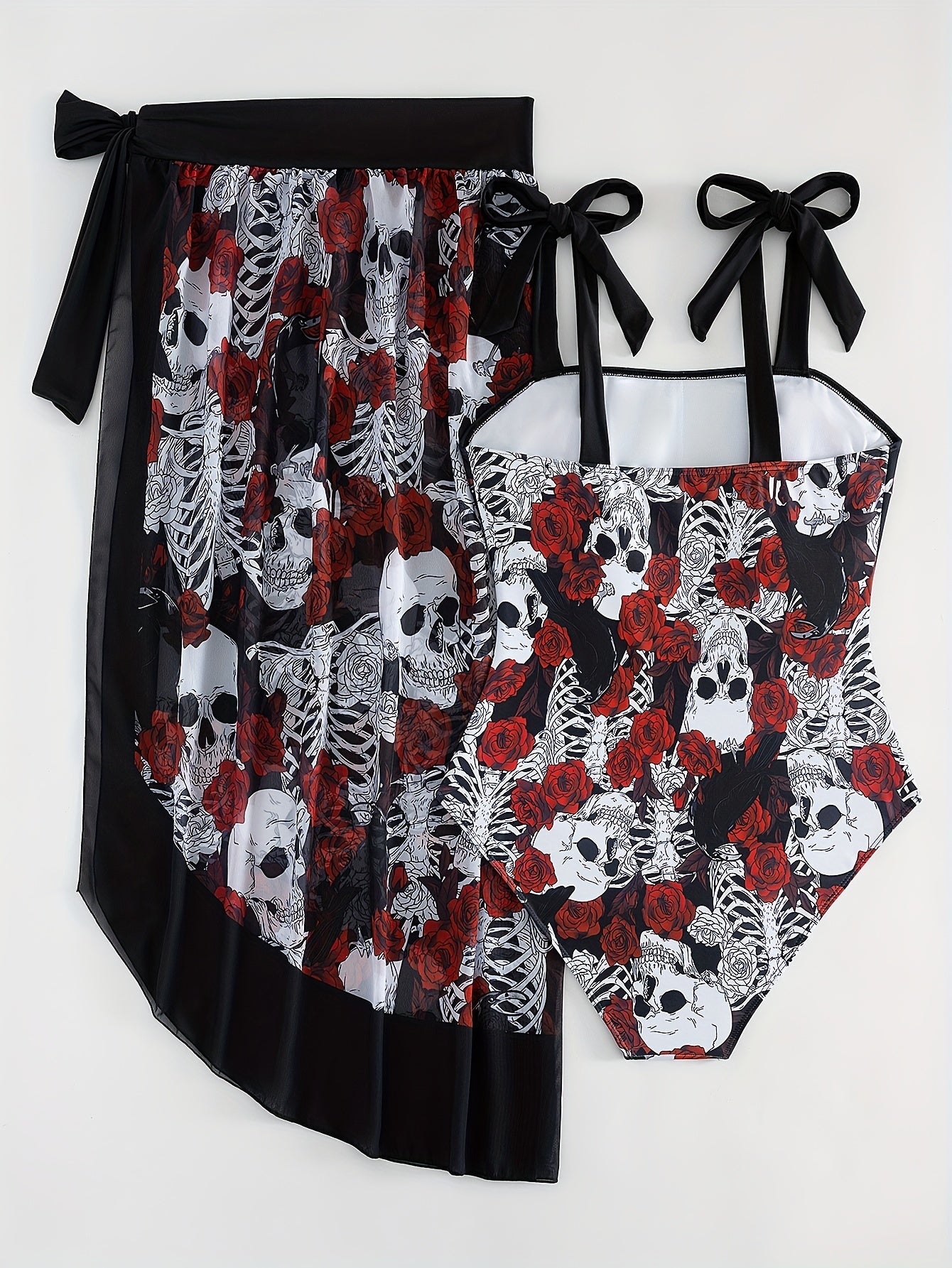 Halloween Gothic Tankini Set Women's Plus Rose Skull Print