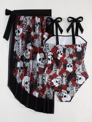 Halloween Gothic Tankini Set Women's Plus Rose Skull Print