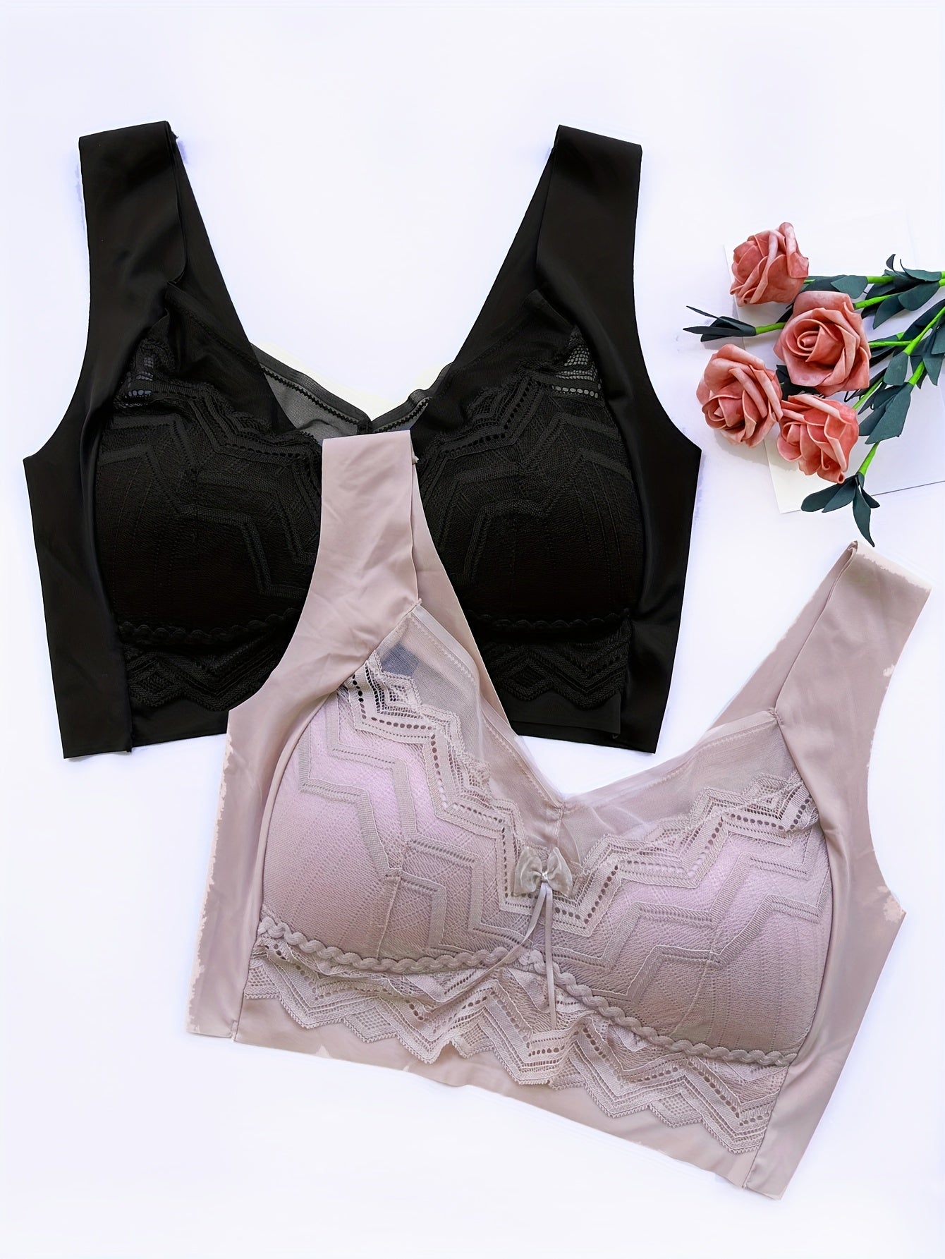 2pcs Lace Wireless Push Up Bra Comfy Breathable Women's Lingerie