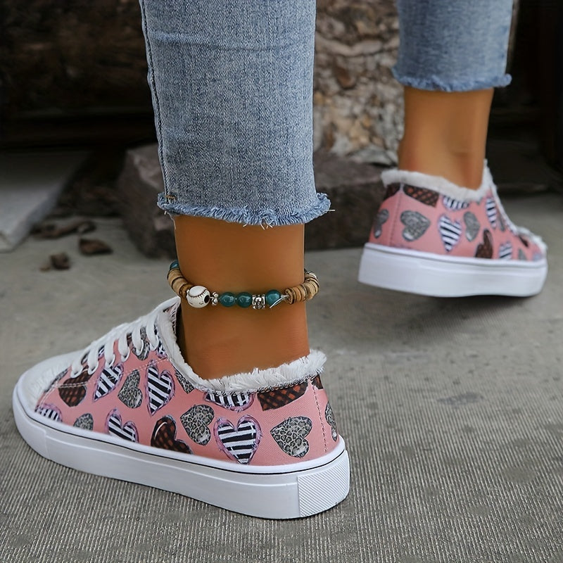 Women's Heart Pattern Canvas Shoes Casual Lace Up Outdoor Shoes