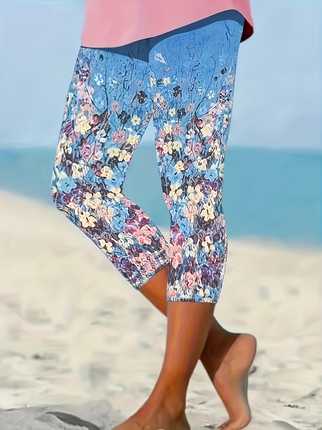 Floral Print Skinny Capris Leggings Stretchy Cropped Leggings