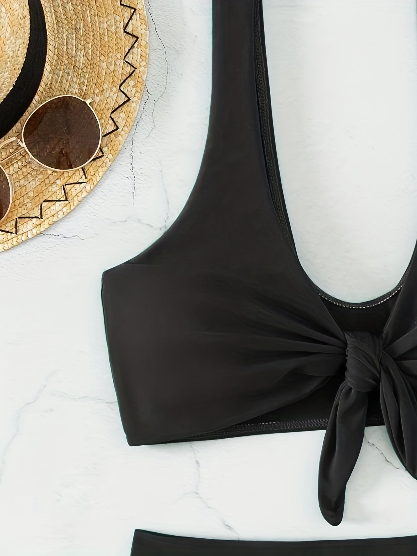 Front Bow Knot V Neck Bikini Top Solid Stretchy Swimsuit