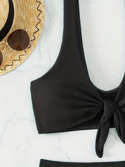 Front Bow Knot V Neck Bikini Top Solid Stretchy Swimsuit