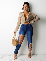 Laced Cutout Skinny Jeans High Rise Slim Fit Jeans With Lace Up Holes