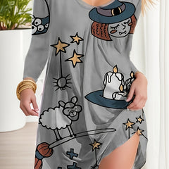 Halloween Dress Women's Plus Cartoon Witch Print Long Sleeve