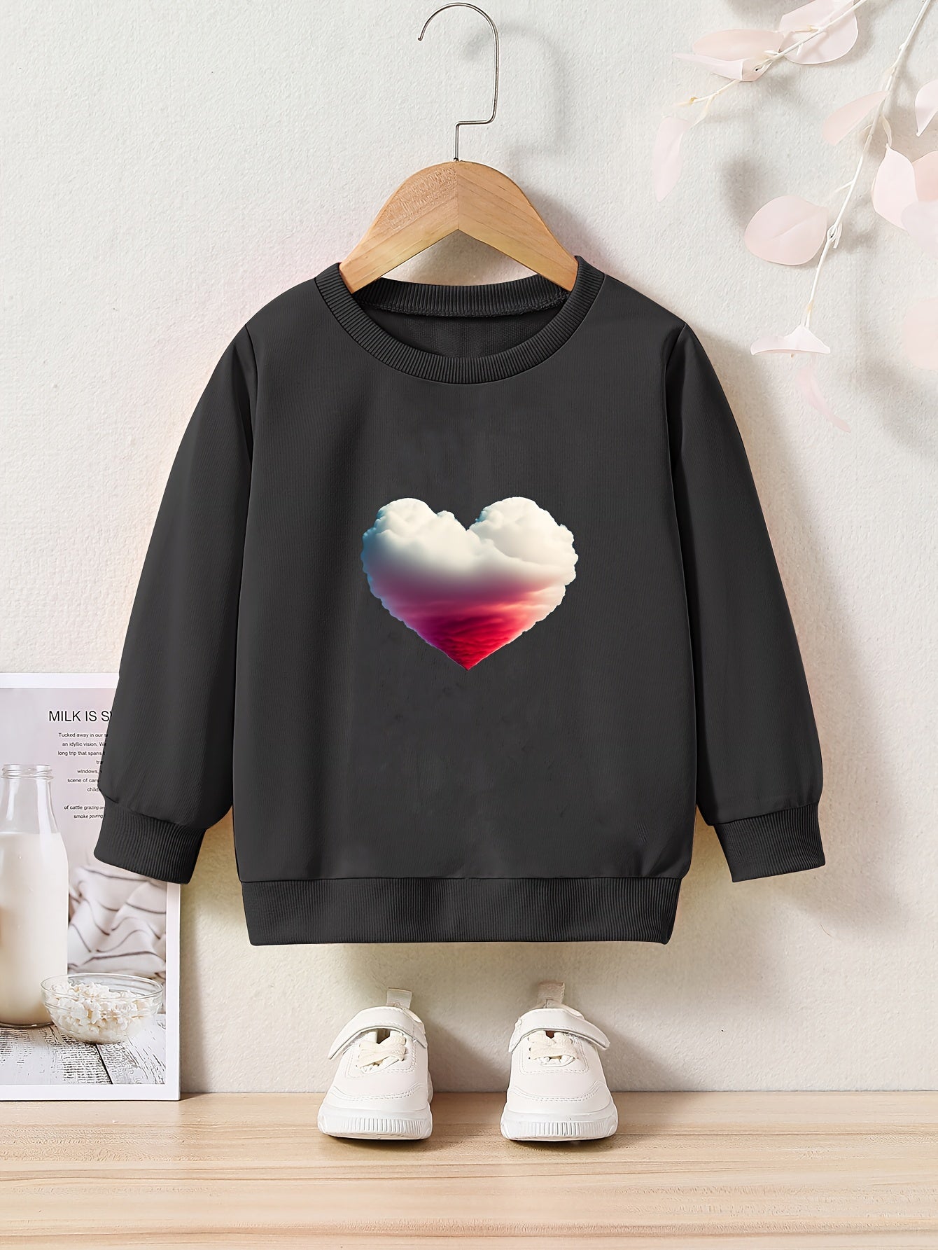 Heart Cloud Print Girls Pullover Sweatshirt Long Sleeve Crew Neck Tops