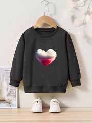 Heart Cloud Print Girls Pullover Sweatshirt Long Sleeve Crew Neck Tops