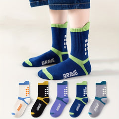 5 Pairs Boy's Striped Crew Socks Cotton Blend Comfy Casual Unisex Socks