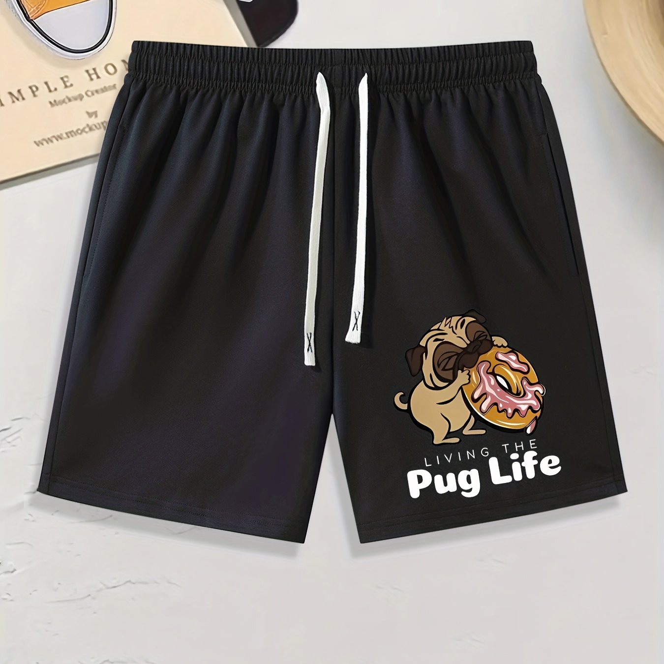 Men's Comfy Pug Life Print Drawstring Shorts for Summer