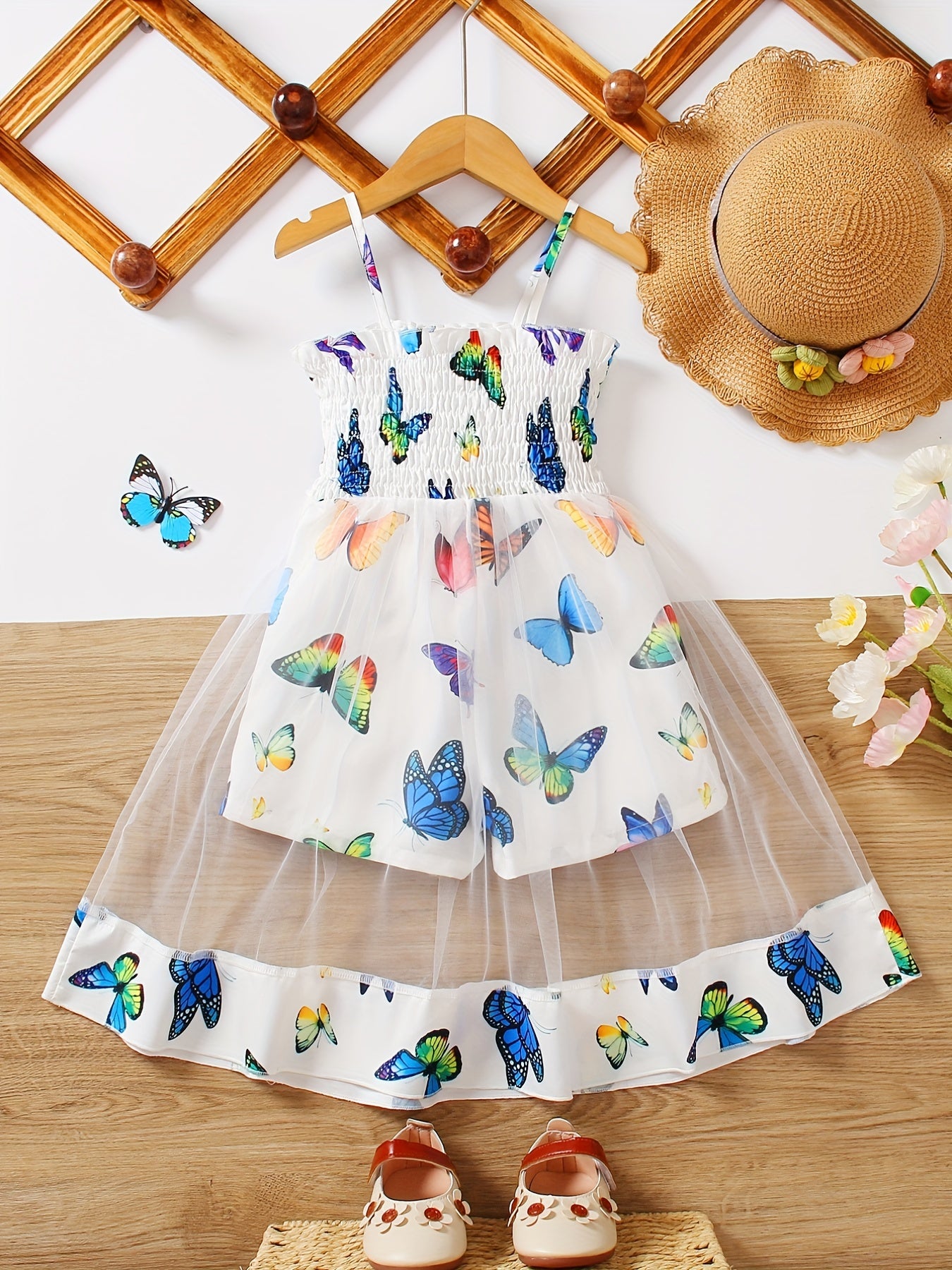 Toddler Girls Flowers Graphic Frill Trim Shirred Mesh Spliced Cami Rompers