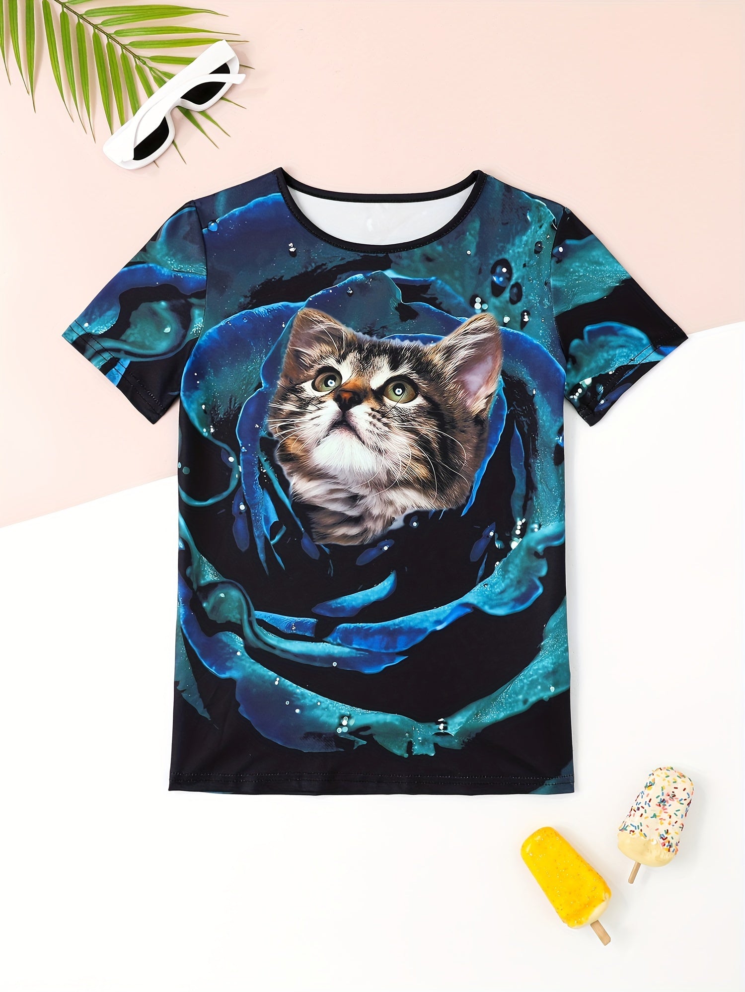 Girls Kitty Graphic Crew Neck T-shirt for Sports Summer