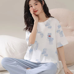 Bear Print Pajama Set Short Sleeve Top & Pants Women's Sleepwear