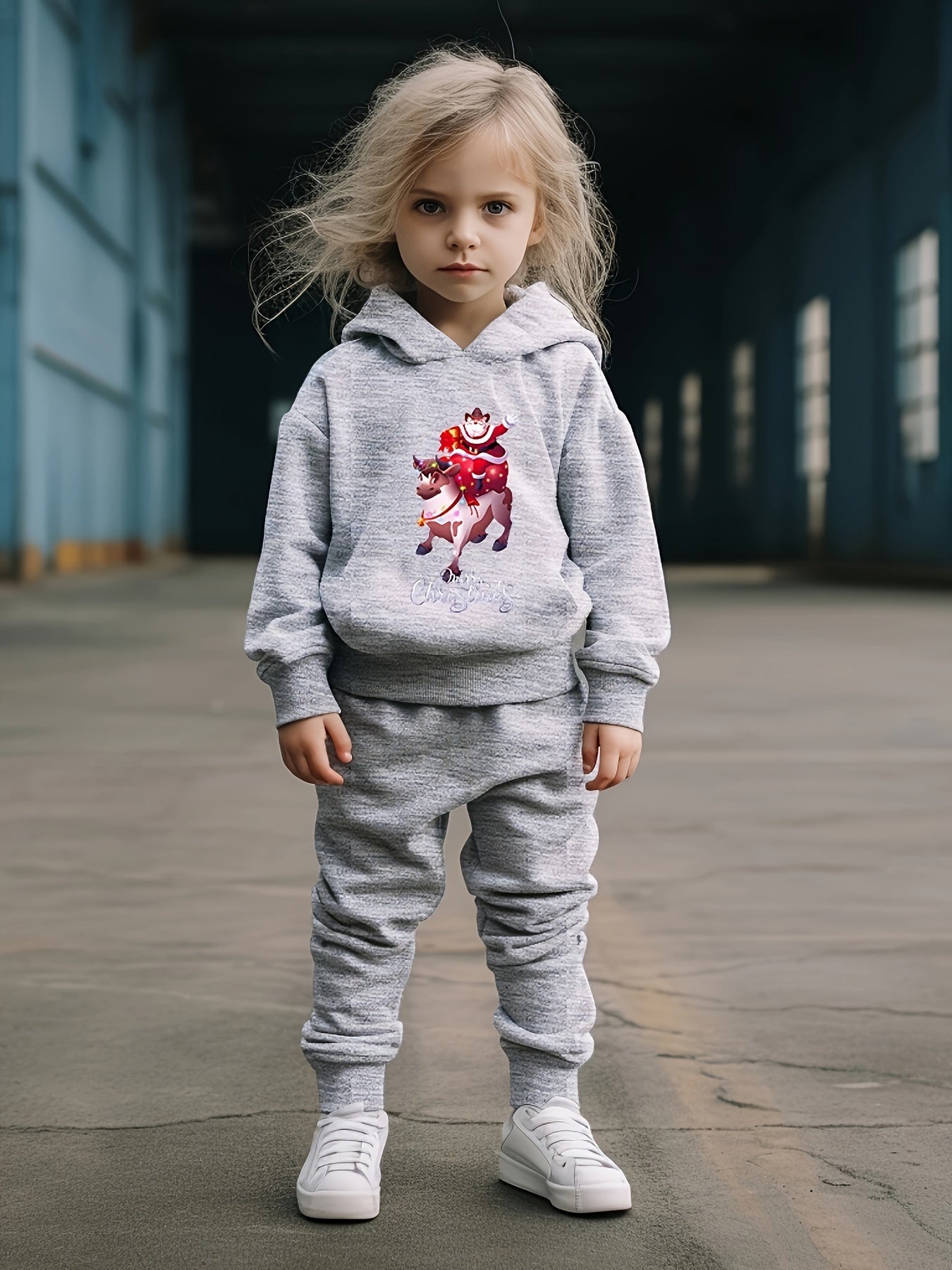Girls 2pc Santa Claus Pattern Hooded Sweatshirt & Sweatpants Set
