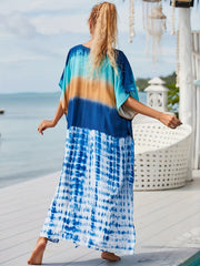 Tie Dye V Neck Kaftan Cover Up Dress Loose Fit Maxi Length Beach Coverup