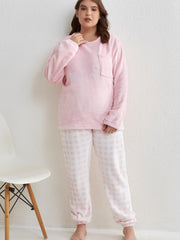 Gingham Flannel Pajama Set Women's Round Neck Sleepwear