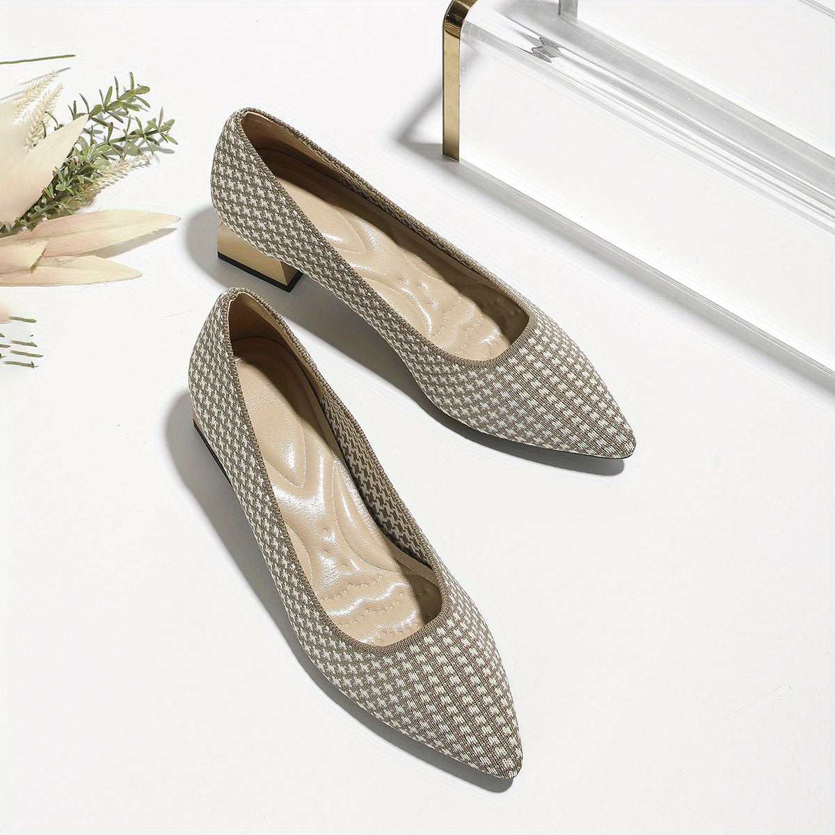 Women's Houndstooth Slip On Chunky Heels Lightweight Shoes