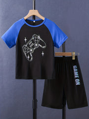 Boys Game On Gamepad Graphic Casual Outfit Round Neck T shirt & Shorts