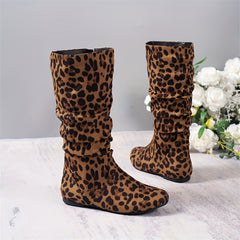 Leopard Print Slouch Boots Round Toe Side Zipper Flat Comfy Riding Boots