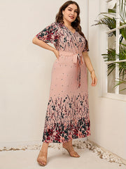 Floral Print V Neck Maxi Dress With Belt