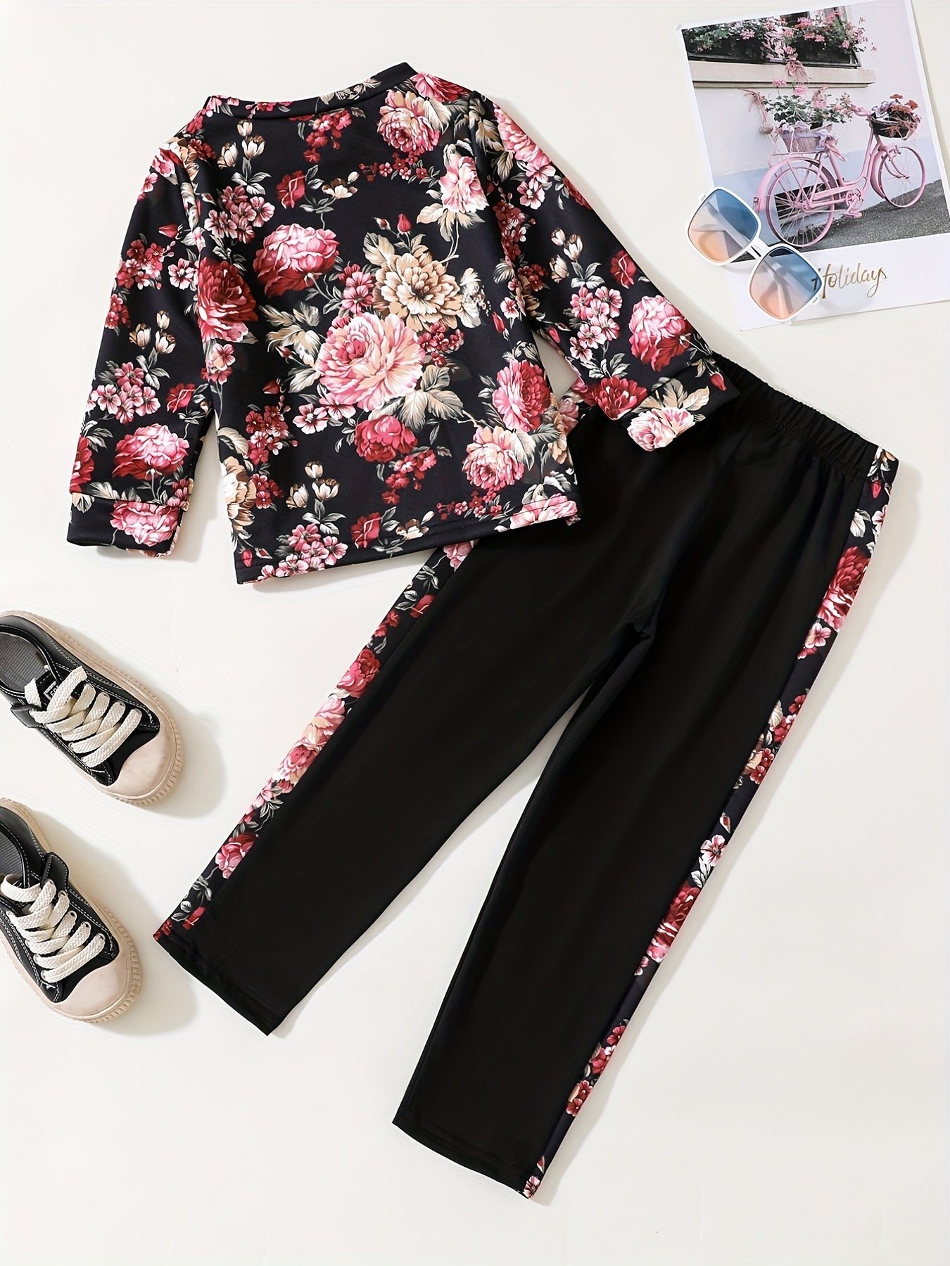 Peony Floral Pattern Girl's 2pcs Long Sleeve Top & Pants Set