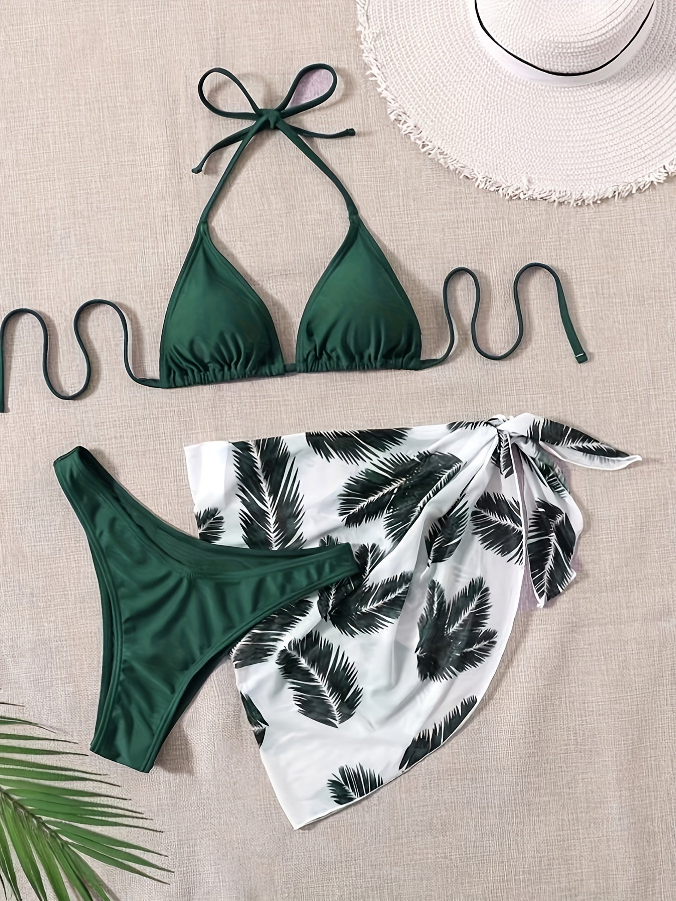 Feather Print Bikini Set Halter Neck Tie Back High Cut Cover Up Wrap Swimsuit