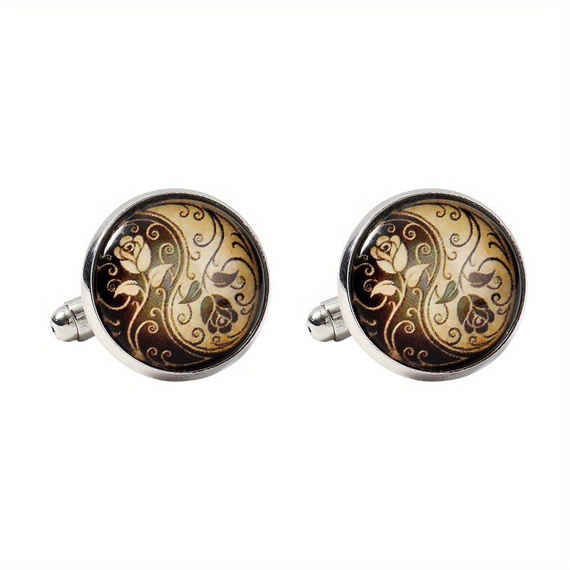 Round Engraved Rose Pattern Cufflinks for Women and Men