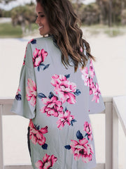 Floral Print V Neck Cover Up Shirts Long Sleeves Loose Fit