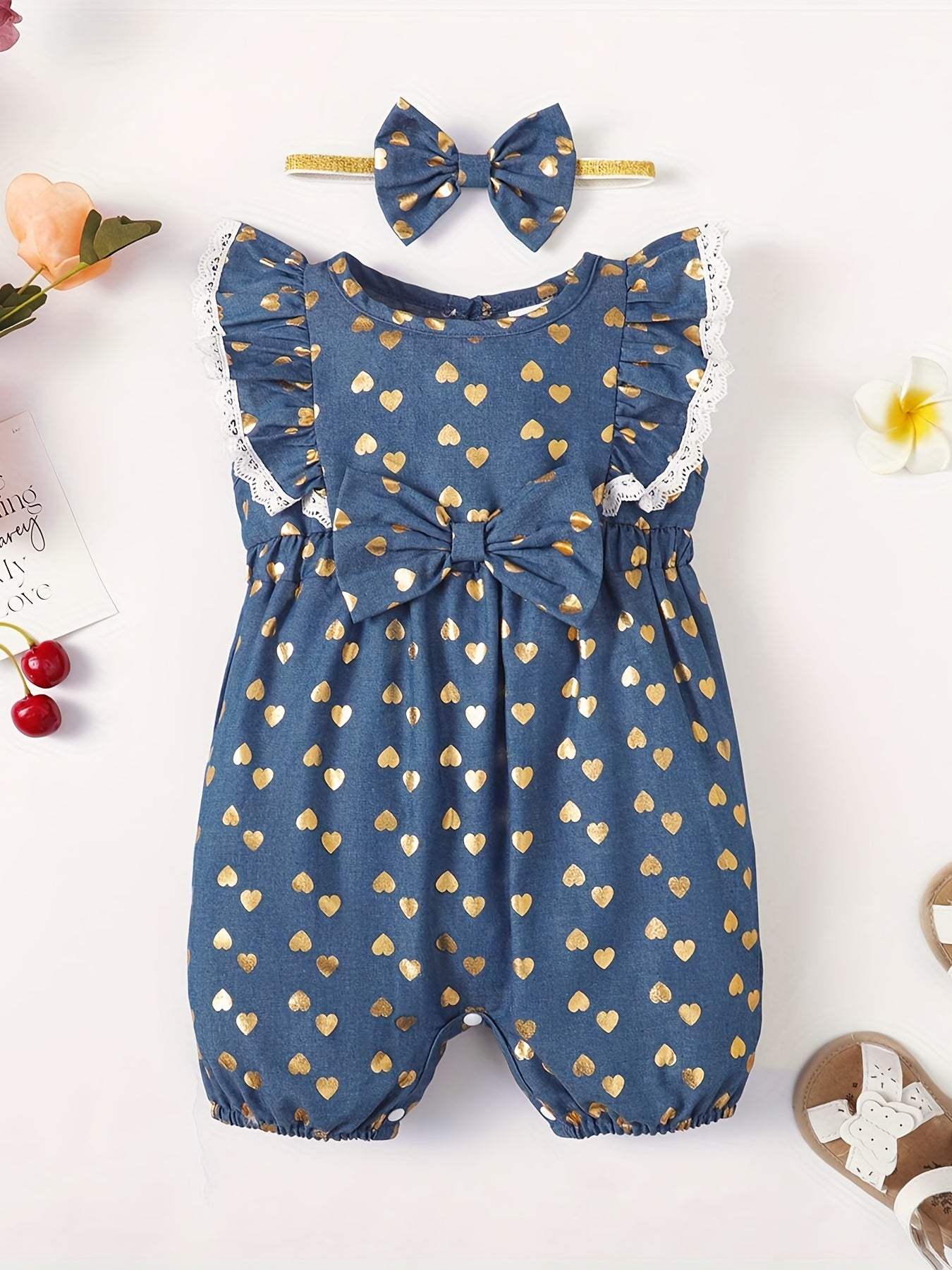 2pcs Baby Girls Heart Print Romper & Headband Set