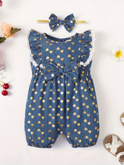 2pcs Baby Girls Heart Print Romper & Headband Set