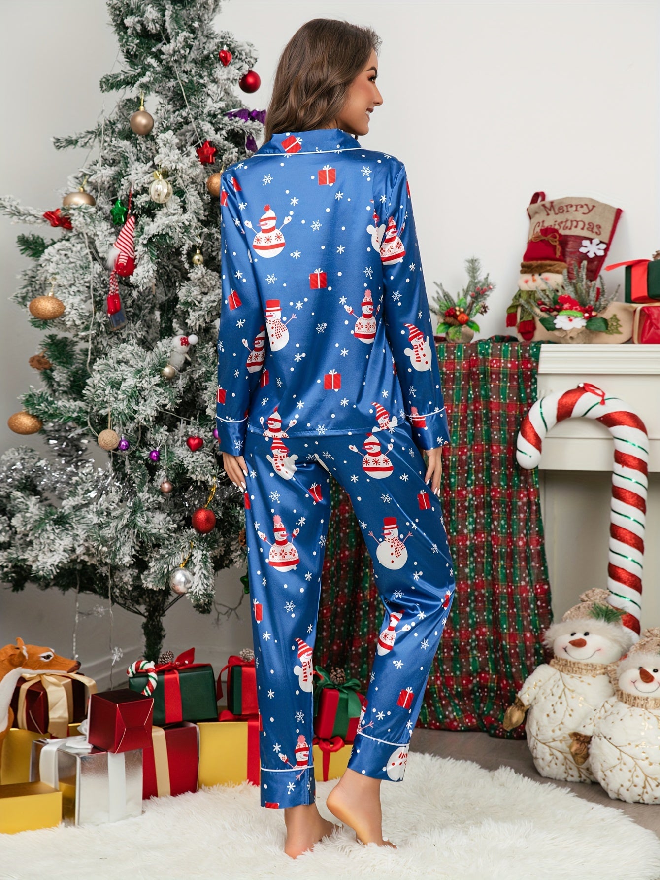 Christmas Snowman Print Pajama Set V Neck Long Sleeve Button Up Top & Pants
