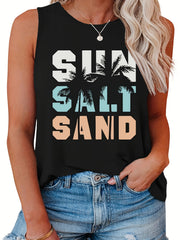 Casual Tank Top Women's Plus Art Letter & Coconut Tree Print Round Neck Tank Top