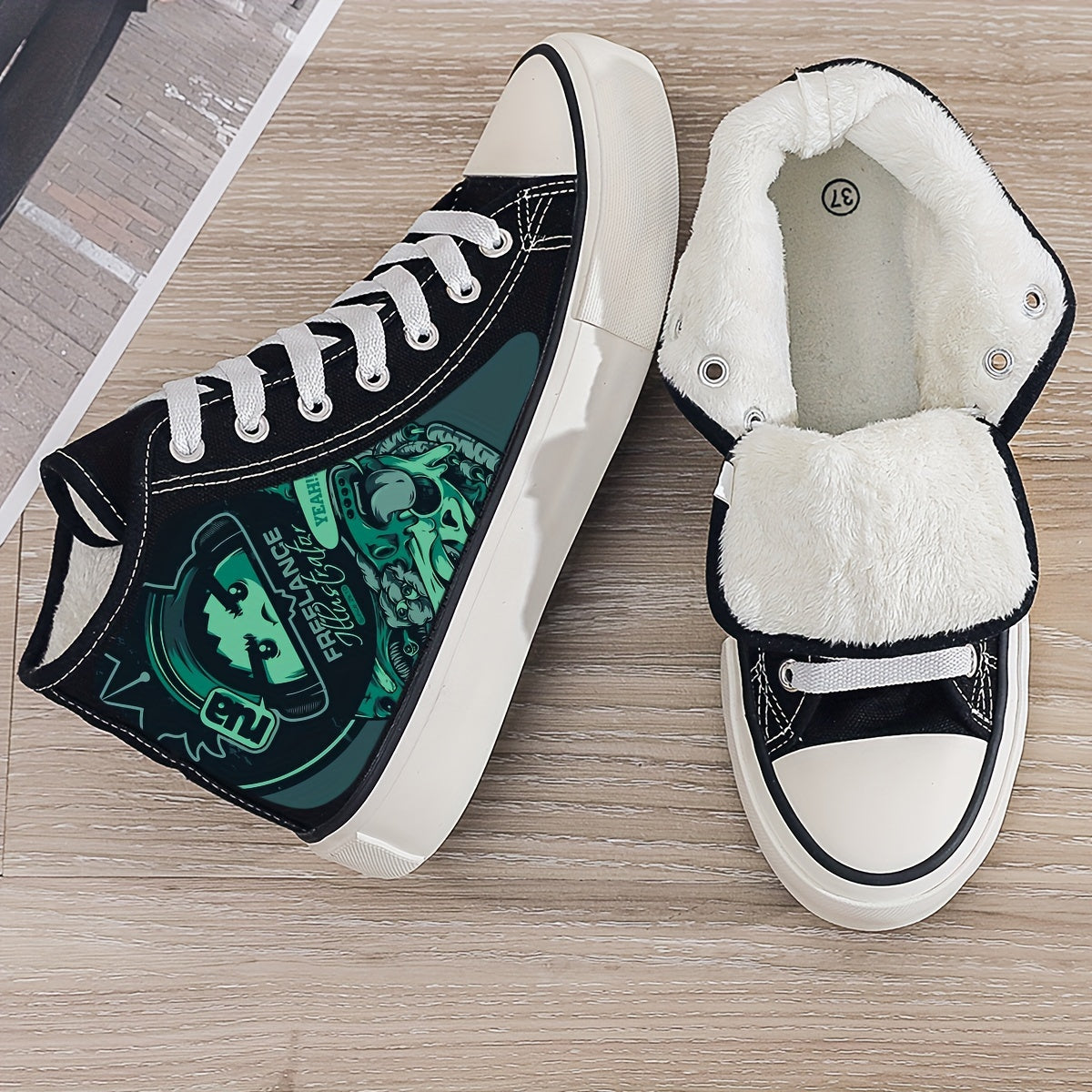 Cartoon Print Plush Lined Thermal Chunky Canvas Sneakers