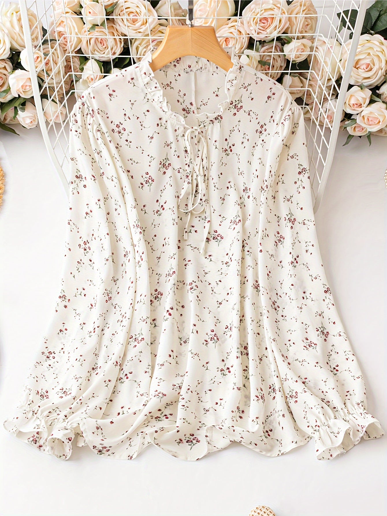 Boho Blouse Floral Ruffle Trim Tie Front Mock Neck Top